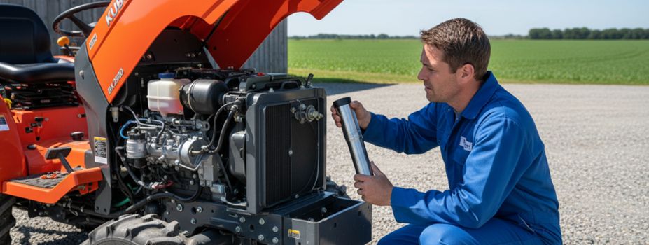 En mekaniker inspekterar motorn på en orange traktor inför en auktion.
